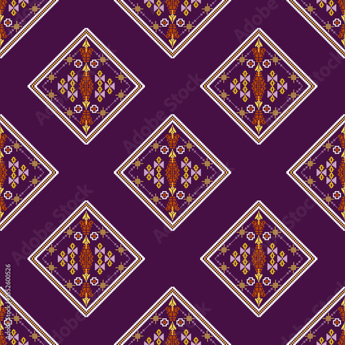 Cross-stitch ethnic boho ornament. Seamless pattern. Tribal motif. Vector illustration. Ideas for carpet, rug, wall tapestry, table runner, elaborate borders, cushions, and upholstery. Pixel pattern.