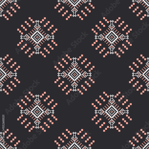 Cross-stitch ethnic boho seamless pattern. Tribal pattern. Pixel pattern. Folk motif. Ideas for carpet, rug, wall tapestry, table runner, elaborate borders, cushions, and upholstery. 