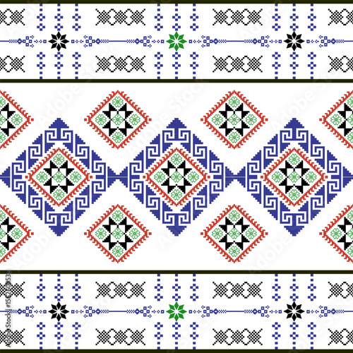 Blue, black, and red cross-stitch ethnic boho seamless pattern. Tribal pattern. Folk motif. Textiles rapport. Vector folk embroidery geometric shape seamless pattern. Ideas for carpet and rugs.