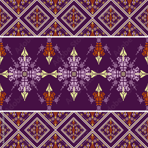Purple cross-stitch ethnic boho seamless pattern. Tribal pattern. Folk motif. Textiles rapport. Vector folk embroidery geometric shape seamless pattern. Ideas for carpet, rugs, and wall tapestry.
