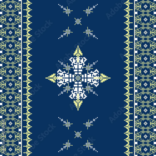 Yellow and blue cross-stitch ethnic boho seamless pattern. Tribal pattern. Folk motif. Vector folk embroidery geometric shape seamless pattern. Ideas for carpet, rug, and wall tapestry.