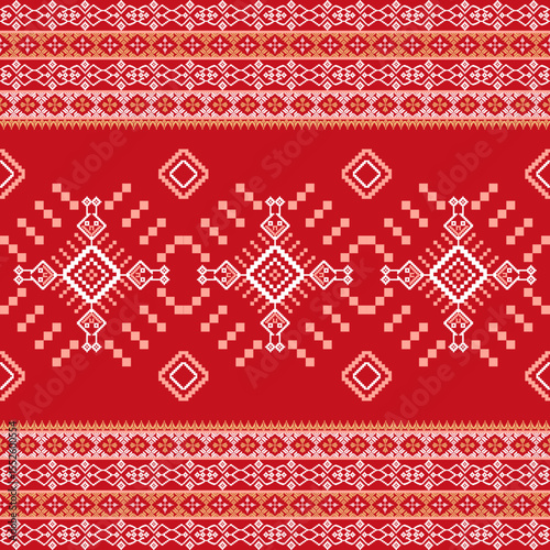 Ukrainian folk embroidery. Seamless vector pattern. Cross-stitch pattern on a red background. Ideas for carpet, rug, wall tapestry, table runner, cushion, and upholstery.