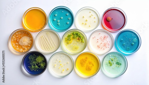 Diverse Colonies: A vibrant assortment of petri dishes containing colorful bacterial colonies, embodying the essence of scientific discovery, research, and exploration.