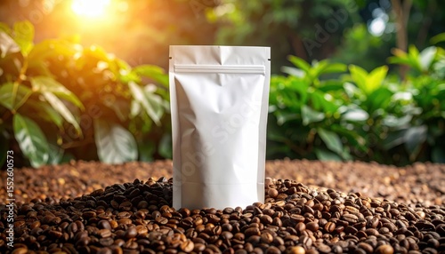 Coffee Beans Packaging Mockup: A pristine white stand-up pouch sits prominently amidst a generous scattering of roasted coffee beans, bathed in the warm, golden light of a setting sun.
