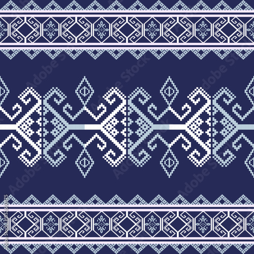 White and blue cross-stitch ethnic boho seamless pattern. Tribal pattern. Folk motif. Textiles rapport. Vector folk embroidery geometric shape seamless pattern. Ideas for carpet and wall tapestry.