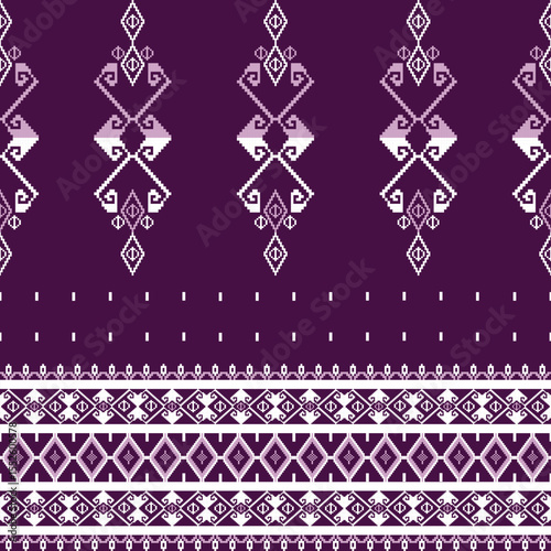 Abstract cross-stitch on a purple background. Ethnic boho seamless pattern. Tribal pattern. Folk motif. Textile rapport. Pixel pattern. Ideas for wallpaper, wrapping, backdrops, and textiles.