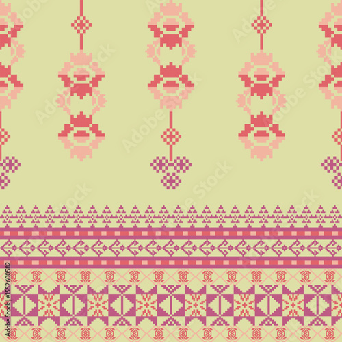 Soft red cross-stitch ethnic seamless pattern on a yellow background. Pixel pattern. Tribal ornament. Folk motif. Ukrainian embroidery. Ideas for carpet, rug, wall tapestry, and elaborate borders.