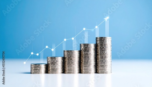 Rising Currency Stack: A visual representation of financial growth, with stacks of currency coins ascending like a staircase, complemented by an upward trending graph on a soft blue backdrop.
