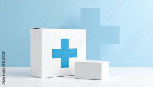 Medical Packaging Mockup: A clean and minimalist product shot featuring a white cardboard box with a prominent blue cross, symbolizing healthcare and medicine, alongside a smaller white box.