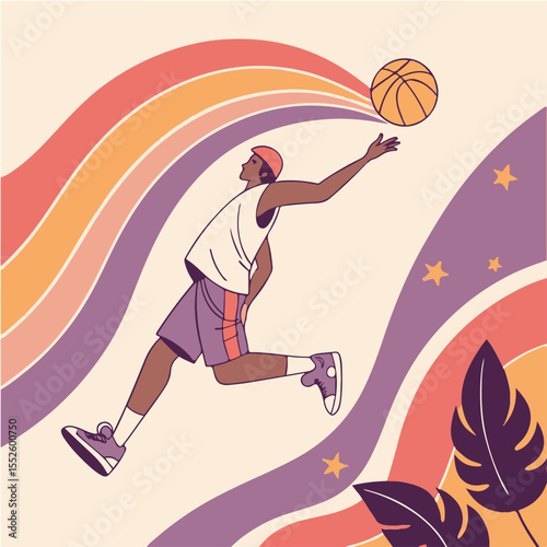 Retro Basketball Player Dunking with Colorful Abstract Background – Vintage Sport Art Illustration
