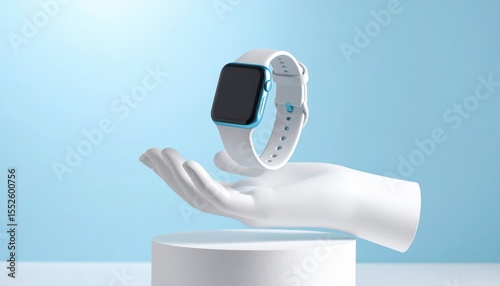Elegant Timepiece Display: A modern smartwatch levitates gracefully above an artistic hand sculpture, presented on a pristine white pedestal with a soft blue backdrop, exuding sophistication.