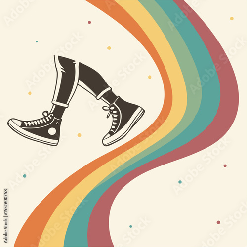 Retro Walking Sneakers on Colorful Rainbow Path – Vintage Pop Art Concept Illustration