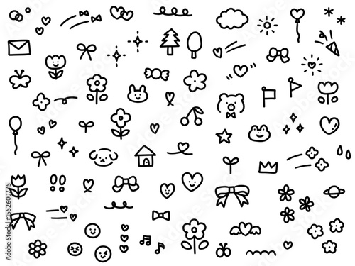 手書きの飾りイラストのベクターイラストセット。手描き、リボン、花、落書き、ハート、星