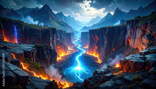 Electric Canyon River: A captivating view showcases a canyon riverbed, framed by imposing cliffs and mountains. The river itself is ablaze with a radiant energy.