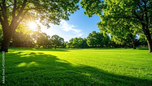 Lush Green Meadow and Sunny Sky: The image showcases a vibrant green meadow bathed in sunlight, with tall trees surrounding and blue sky background.