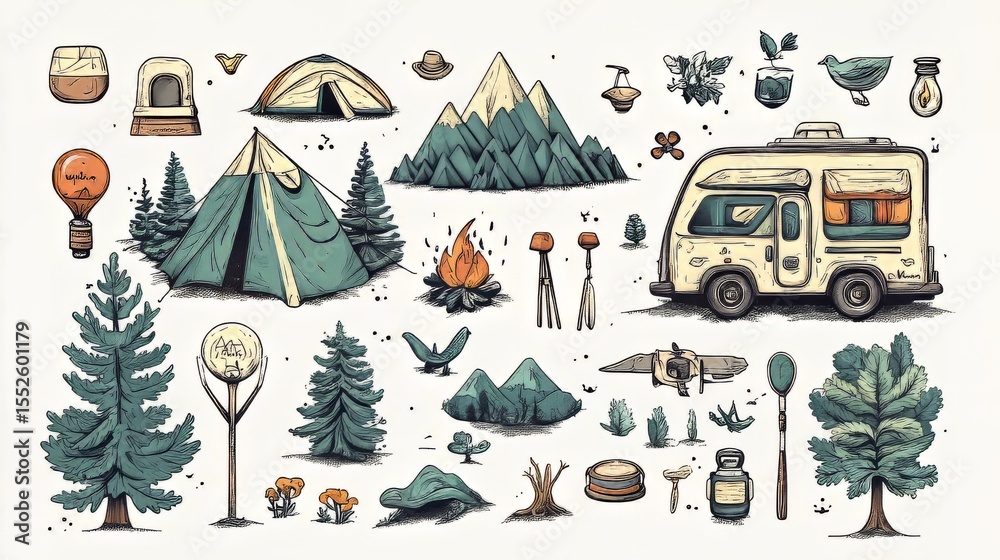 Fototapeta premium Hand-drawn vector illustrations set for camping and outdoor travel