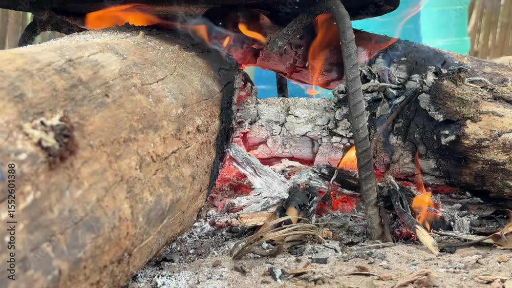 Wood log firewood flaming on fire burning close up view.