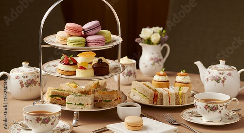 Elegant Afternoon Tea Party with Delicate Pastries and Sandwiches