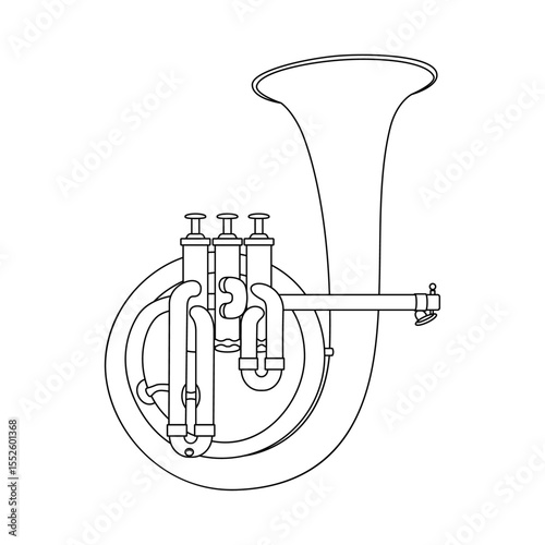 Line art illustration of a French horn musical instrument. Black and white contour drawing, perfect for coloring books, music education materials, and design projects.