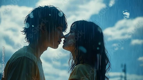 Young Couple In Rain Embracing Against Blue Sky Background Romantic Portrait
