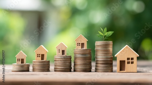 Real Estate Investment Strategy and Property Management. Growth of real estate investment illustrated with coins and miniature houses, symbolizing financial progress.