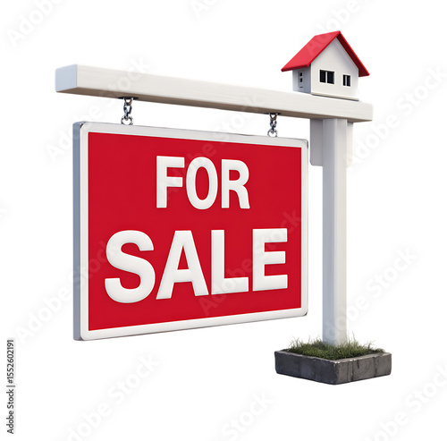 3D real estate sign for sale near a house on a transparent background.