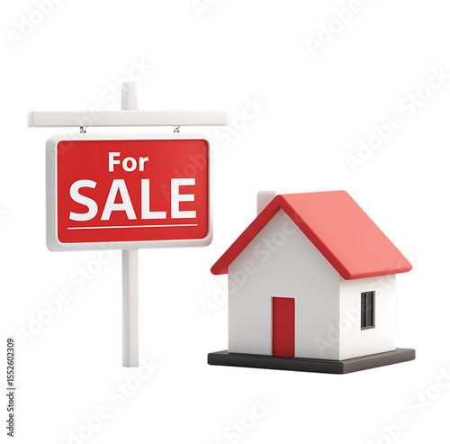 3D real estate sign for sale near a house on a transparent background.