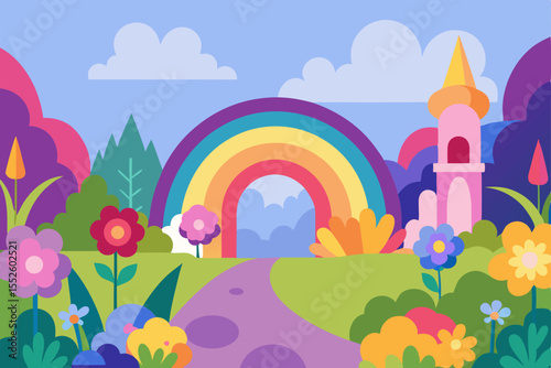 A charming illustration of a magical rainbow vector landscape background wallpaper