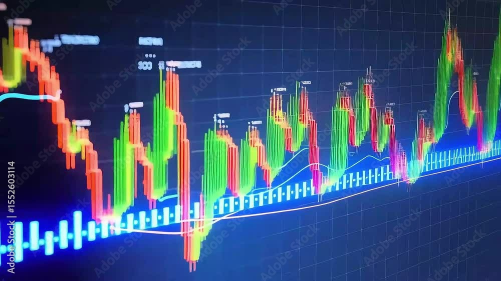 A financial stock chart displaying candlestick patterns and wavy lines on a dark blue background