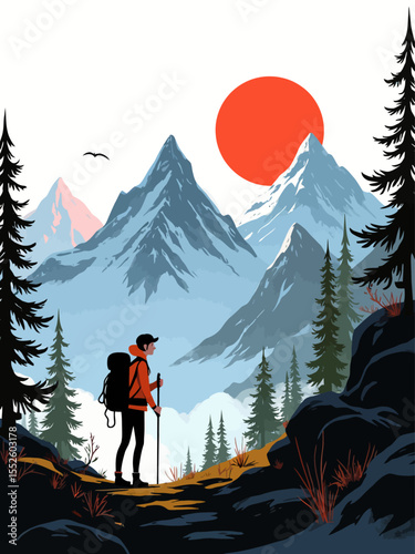 Hiker exploring mountains with double exposure effect and scenic landscape