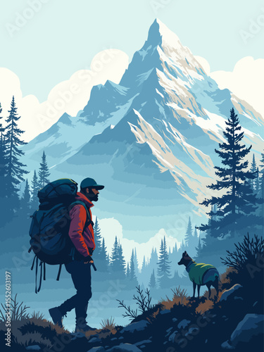 Hiker exploring mountains with double exposure effect and scenic landscape