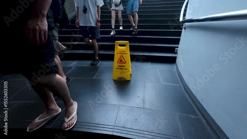Wet Floor Caution Sign on Modern Staircase