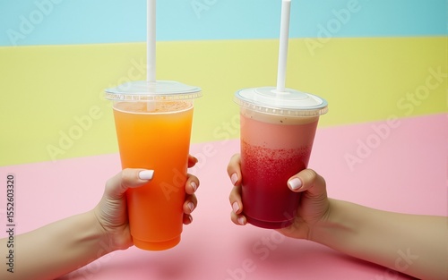 Two hands holding refreshing drinks with whitee straws on colorful background. Beverage Advertising and Design. High quality