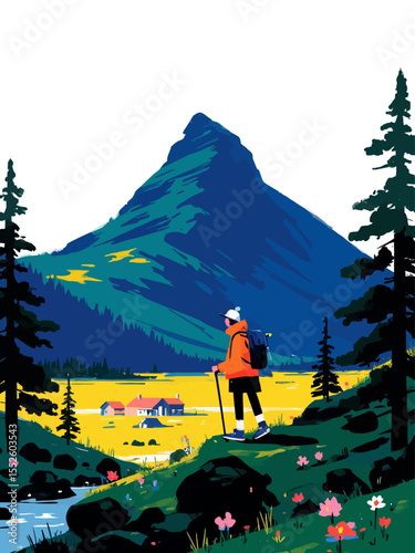 Hiker exploring mountains with double exposure effect and scenic landscape