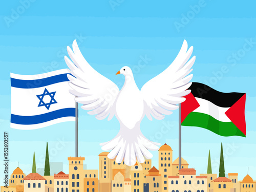  Israel and Palestine Flags with Dove of Peace Against City and Blue Sky - Symbolism and Hope 