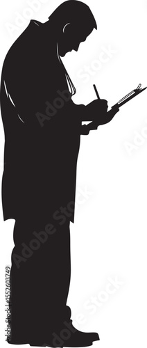 doctor writing on clipboard, silhouette, illustration, vector, people, cartoon, boy, gun, art, black, drawing, business, woman, person, holding