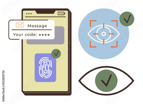 Smartphone with fingerprint scanner and notification of one-time code, eye scanning, verification symbols. Ideal for security, privacy, biometrics, technology, authentication, data protection