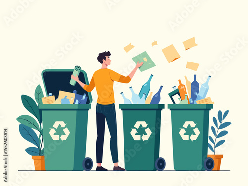 Man sorting waste putting paper, plastic and glass in recycling bins