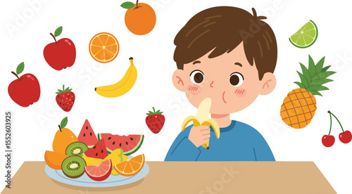 Healthy boy eating banana with mixed fruits, balanced nutrition concept, fresh tropical fruits, child healthy lifestyle, cartoon vector illustration, vitamin-rich food education