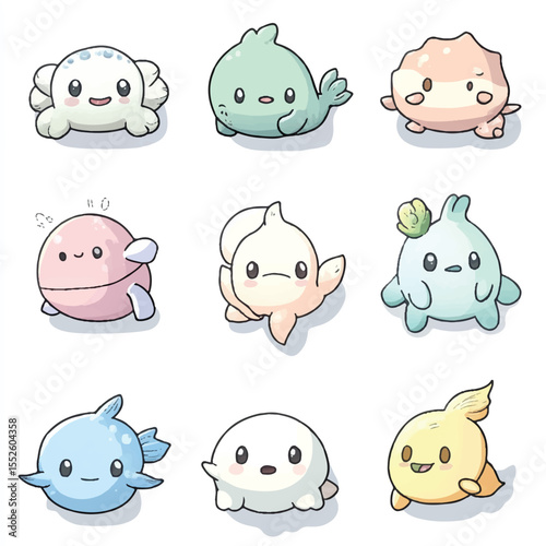 cute sea creatures in soft color set for stiker