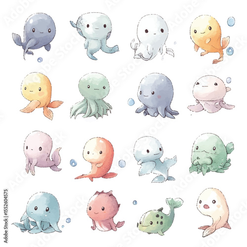 cute sea creatures in soft color set for stiker