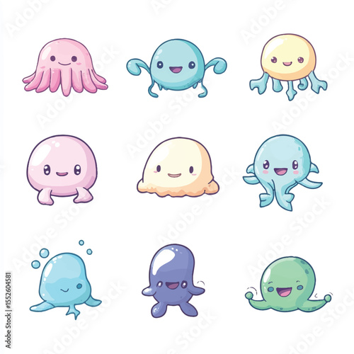 cute sea creatures in soft color set for stiker