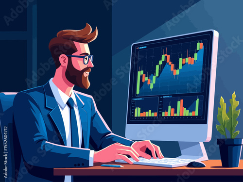 Stockbroker analyzing buy and sell financial trading charts on computer screen