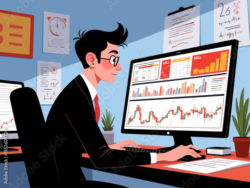 Stockbroker analyzing buy and sell financial trading charts on computer screen