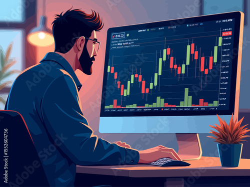 Stockbroker analyzing buy and sell financial trading charts on computer screen