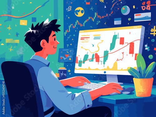 Stockbroker analyzing buy and sell financial trading charts on computer screen