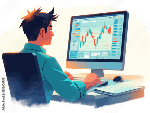 Stockbroker analyzing buy and sell financial trading charts on computer screen