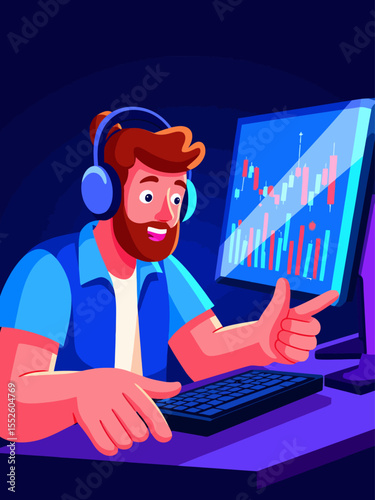 Stockbroker analyzing buy and sell financial trading charts on computer screen