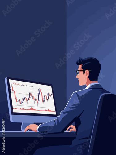 Stockbroker analyzing buy and sell financial trading charts on computer screen