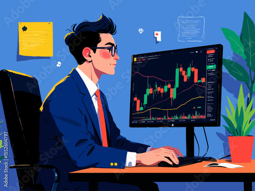 Stockbroker analyzing buy and sell financial trading charts on computer screen